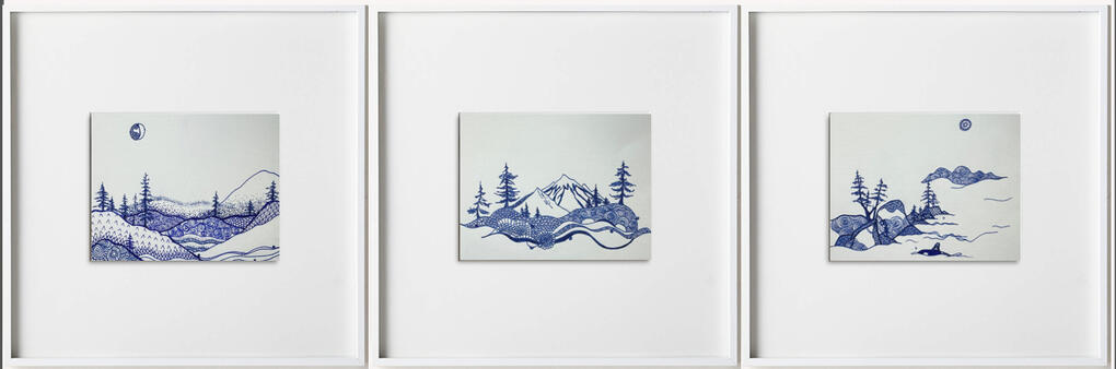 Homeland This series combines traditional Asian and West Coast Indigenous patterns to paint the BC landscape. It reflects the artist’s life between two worlds—born in the East, raised in the West.