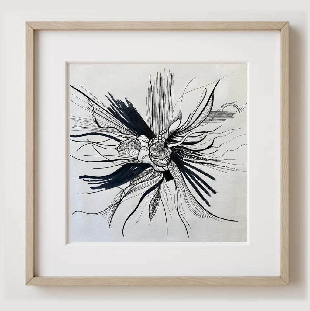 My Way This abstract pen and ink drawing shows lines flowing outward from the center, symbolizing endless possibilities. The artist reminds us that in life, there are no wrong choices—only paths to learn and grow from.