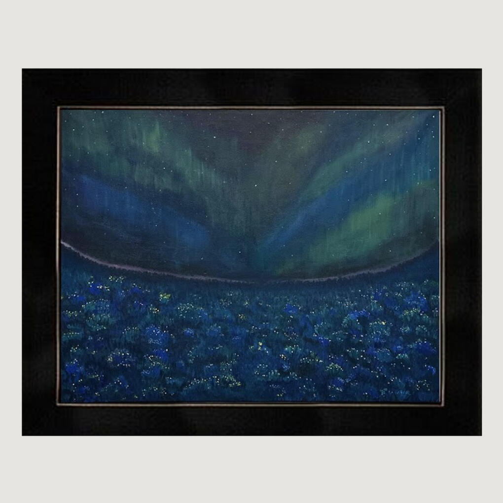 This acrylic painting shows an imaginary night landscape where glowing grass and dancing aurora lights bring hope to the dark. It reminds us that even in dark times, light and beauty can