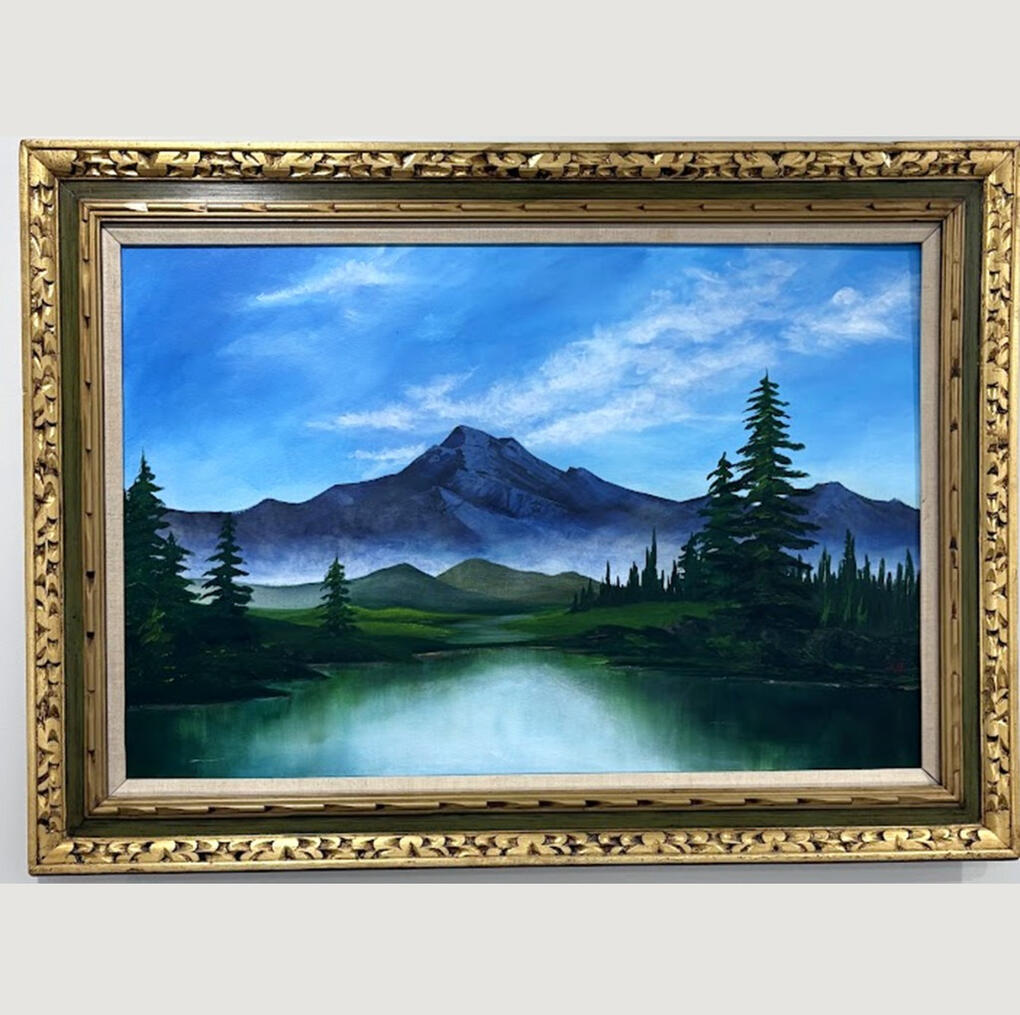 “Stillness” is an early acrylic landscape inspired by Bob Ross’s teaching. The calm lake, tall trees, and distant mountains reflect the artist’s search for peace and balance in a busy world.
